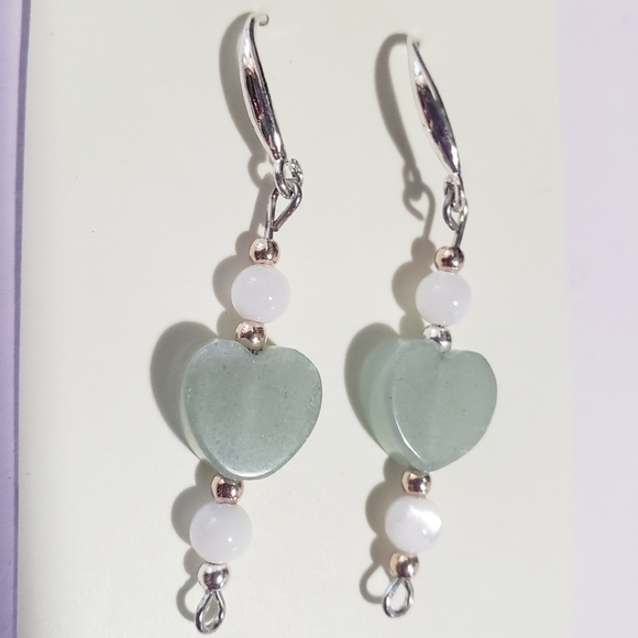 925 Sterling Silver Jewelry - NWT 925 solid sterling silver DANGLE EARRINGS JADE Quartz Heart GIFT FOR HER 2…